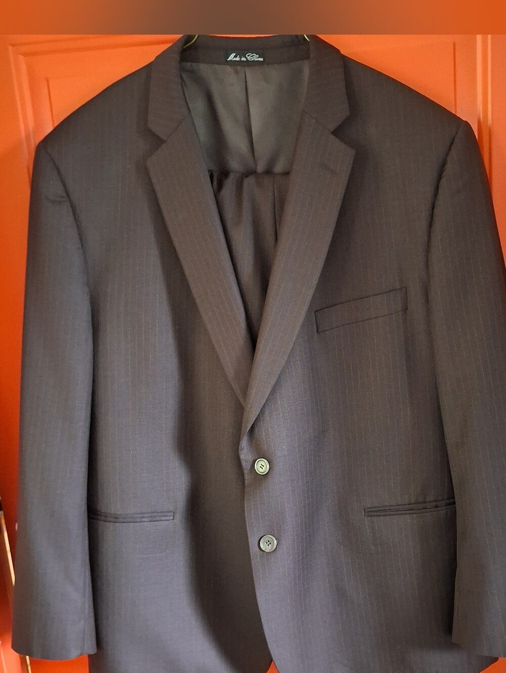 Adolfo Two Piece Suit Brown With Orange Pinstripe 48s Jacket, 46s Pants